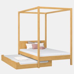 Cama individual de madeira com dossel e gaveta para colchão extra N02 pinho natural