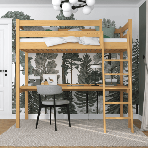 Cama alta de madeira com secretária N03 pinho natural