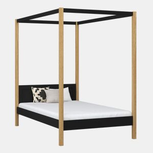 Cama individual de madeira com dossel N02 preto e carvalho
