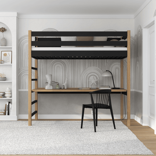 Cama alta de madeira com secretária N01 preto e carvalho