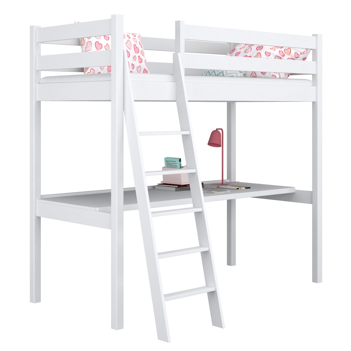Cama alta de madera con escritorio n03 blanco