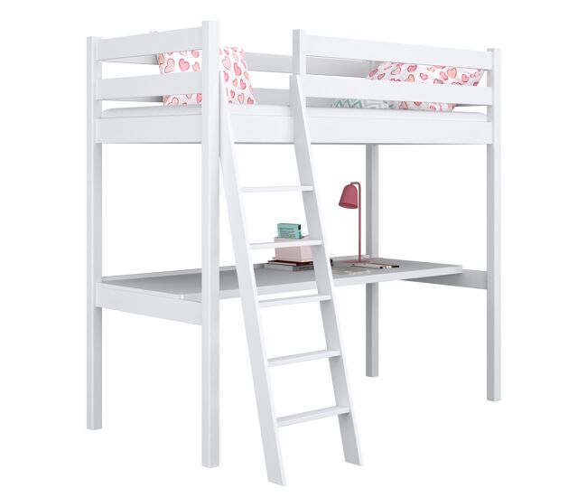 Cama alta de madera con escritorio n03 blanco