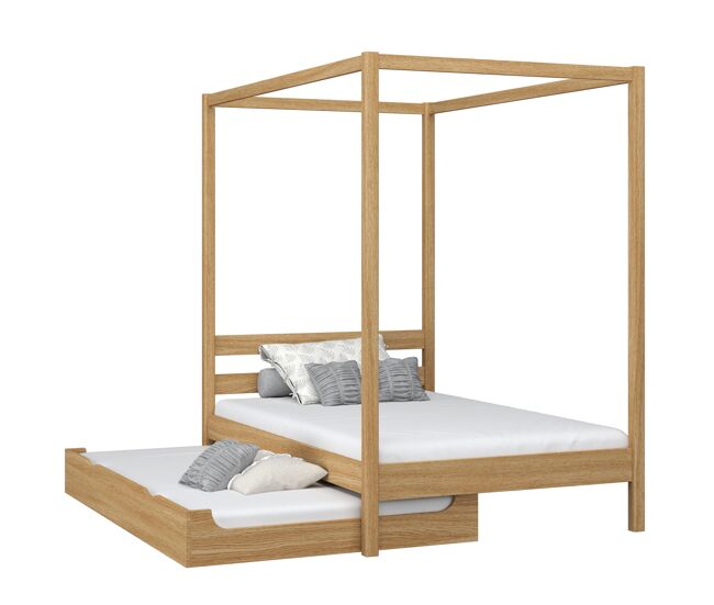 Cama individual de roble con dosel y cajón para colchón adicional n01 roble natural