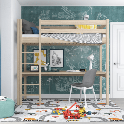 Cama mezzanine de carvalho com secretária N05 carvalho branqueado