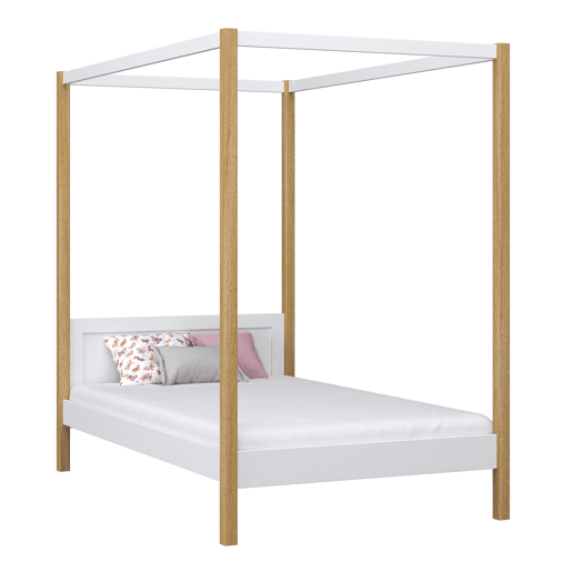 Cama individual de madeira com dossel N02 branco e carvalho Cama individual de madeira com dossel N02 branco e carvalho