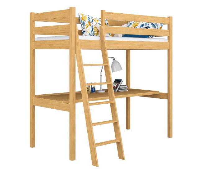 Cama alta de madera con escritorio n03 pino natural