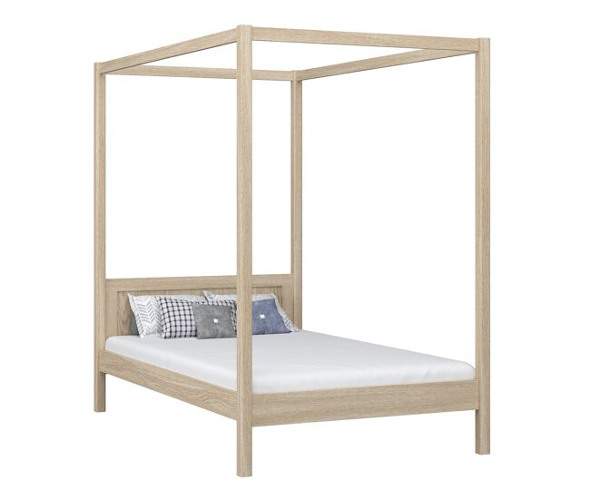 Cama individual de roble con dosel N02 roble blanqueado