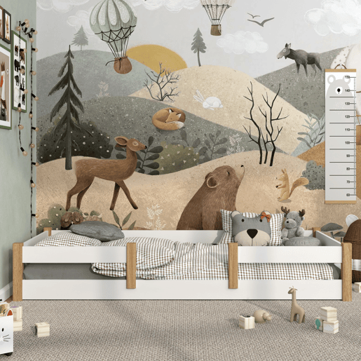 Cama baixa de madeira N01 branco e carvalho
