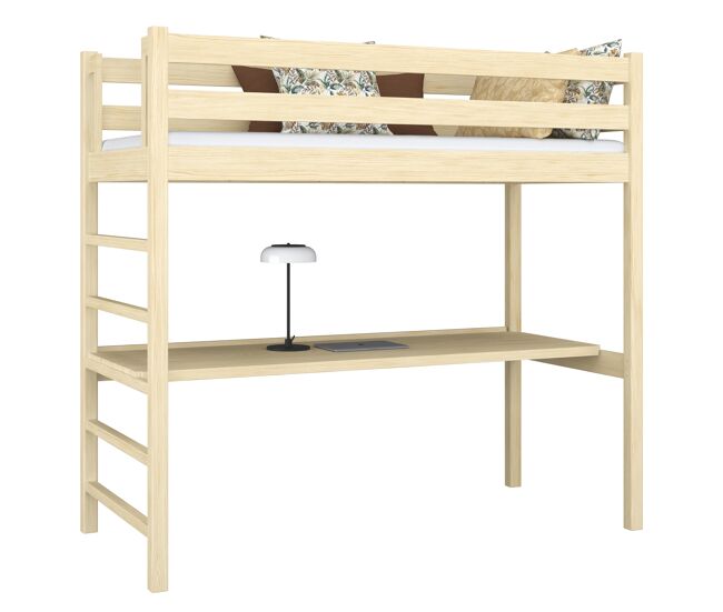 Cama alta de madera con escritorio n01 pino incoloro