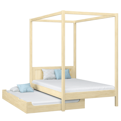 Cama individual de madeira com dossel e gaveta para colchão extra N02 pinho incolor