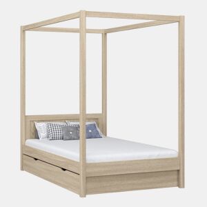 Cama individual de carvalho com dossel e gaveta N02 carvalho branqueado