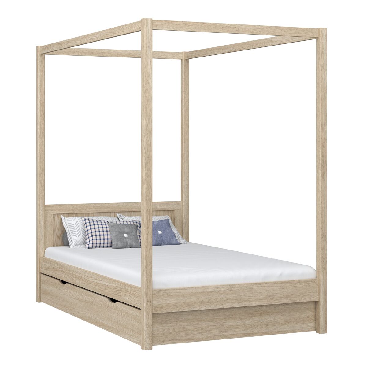 Cama individual de roble con dosel y cajón n02 roble blanqueado