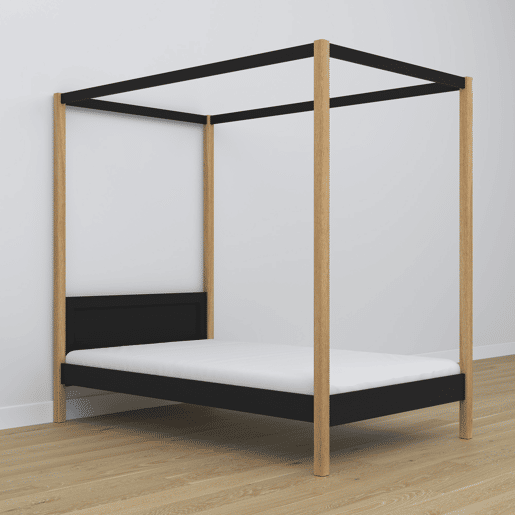 Cama individual de madeira com dossel N02 preto e carvalho