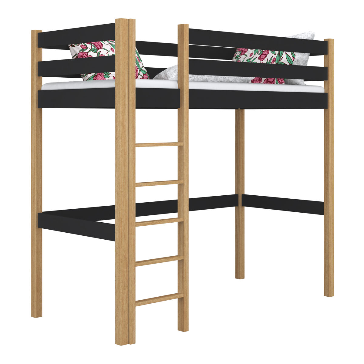 Cama alta de madera n05 negro / roble