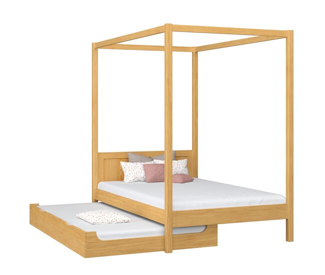 Cama individual de madera con dosel y cajón para colchón n02 pino natural