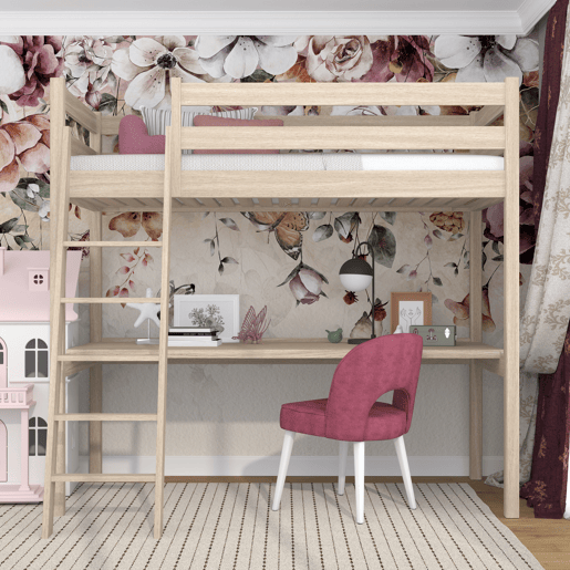 Cama mezzanine de carvalho com secretária N03 carvalho branqueado