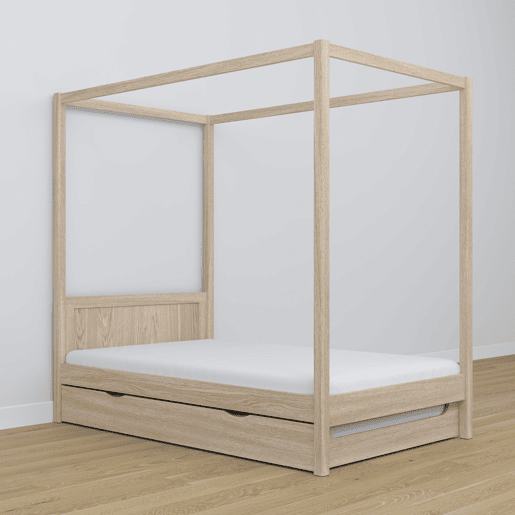 Cama individual de carvalho com dossel e gaveta para colchão adicional N02 carvalho branqueado