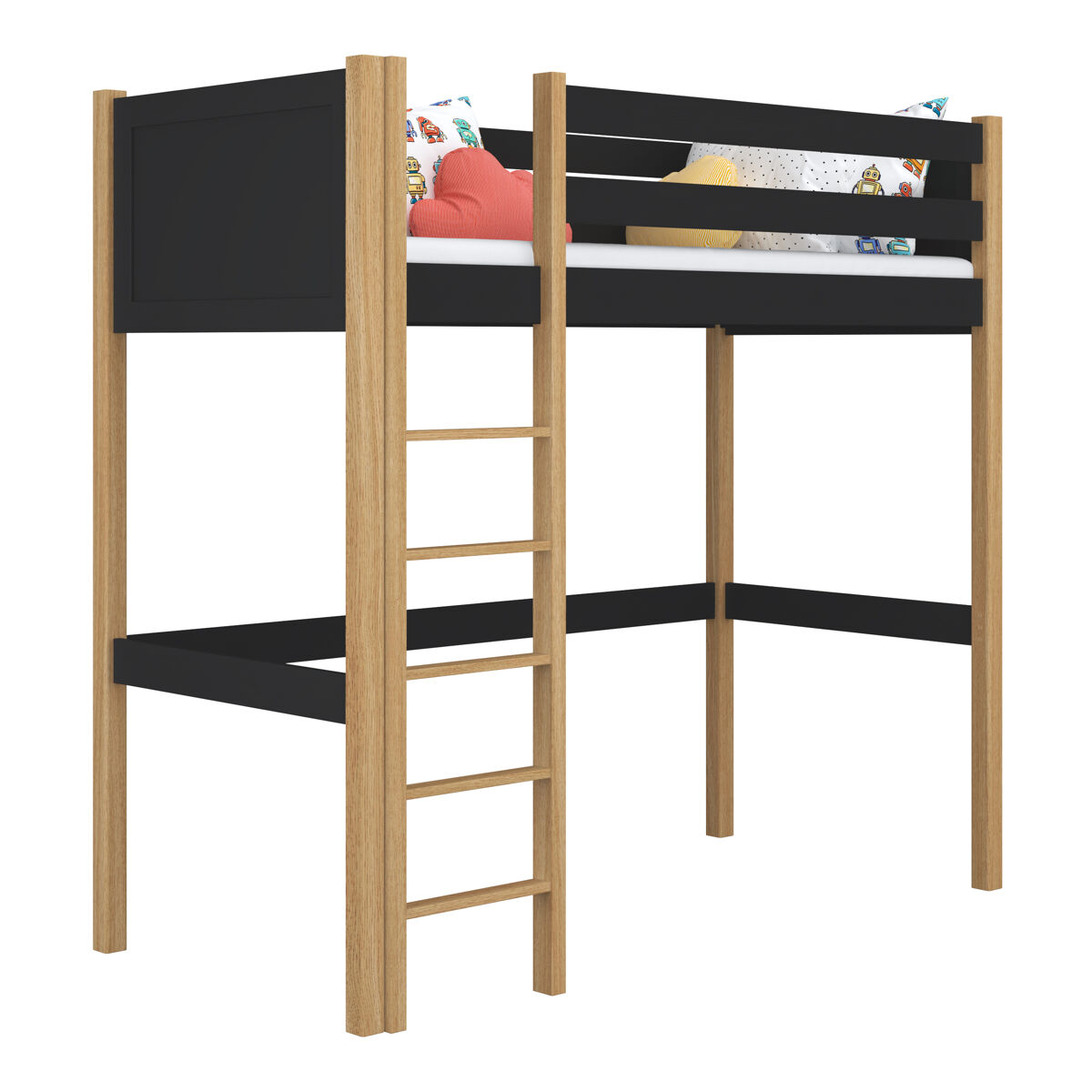 Cama alta de madera n06 negro / roble