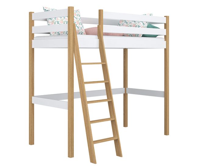 Cama alta de madera n03 blanco / roble