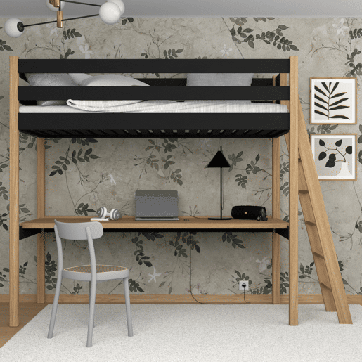 Cama alta de madeira com secretária N02 preto e carvalho