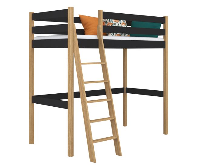 Cama alta de madera n03 negro / roble
