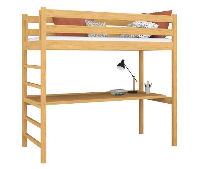 Cama alta de madera con escritorio n01 pino natural