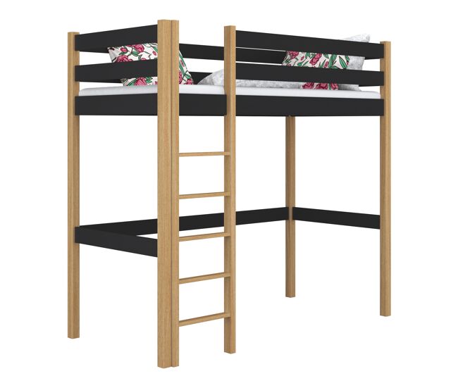 Cama alta de madera n05 negro / roble