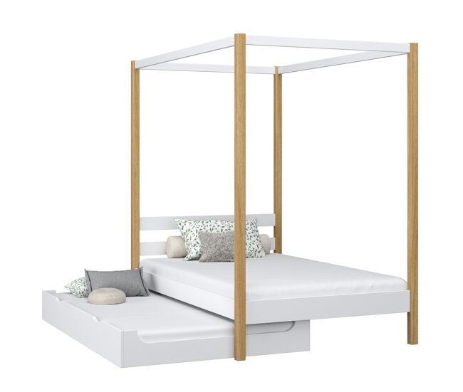 Cama individual de madera con dosel y cajón para colchón n01 blanco / roble