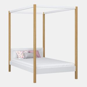 Cama individual de madeira com dossel N02 branco e carvalho