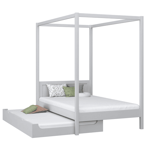 Cama individual de madeira com dossel e gaveta para colchão extra N02 cinza