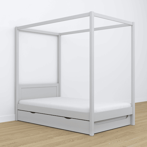 Cama individual de madeira com dossel e gaveta para colchão extra N02 cinza
