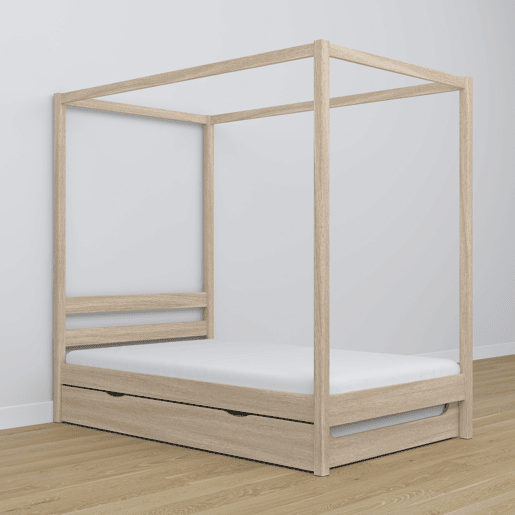 Cama individual de carvalho com dossel e gaveta para colchão adicional N01 carvalho branqueado