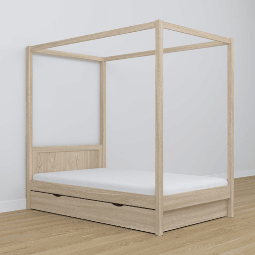Cama individual de carvalho com dossel e gaveta N02 carvalho branqueado