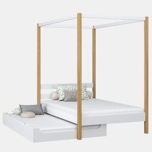 Cama individual de madeira com dossel e gaveta para colchão extra N01 branco e carvalho