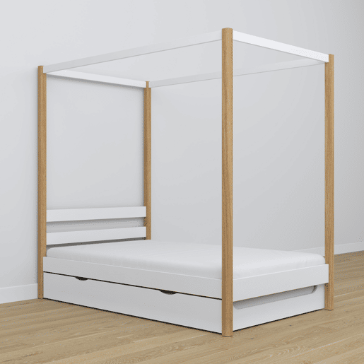 Cama individual de madeira com dossel e gaveta para colchão extra N01 branco e carvalho