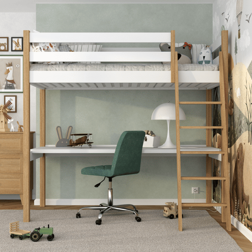 Cama alta de madeira com secretária N03 branco e carvalho Cama alta de madeira com secretária N03 branco e carvalho
