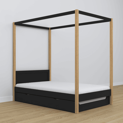 Cama individual de madeira com dossel e gaveta para colchão extra N02 preto e carvalho