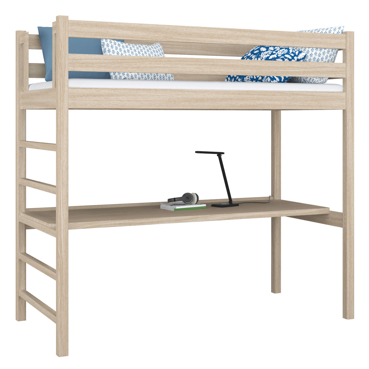 Cama alta de roble con escritorio n01 roble blanqueado