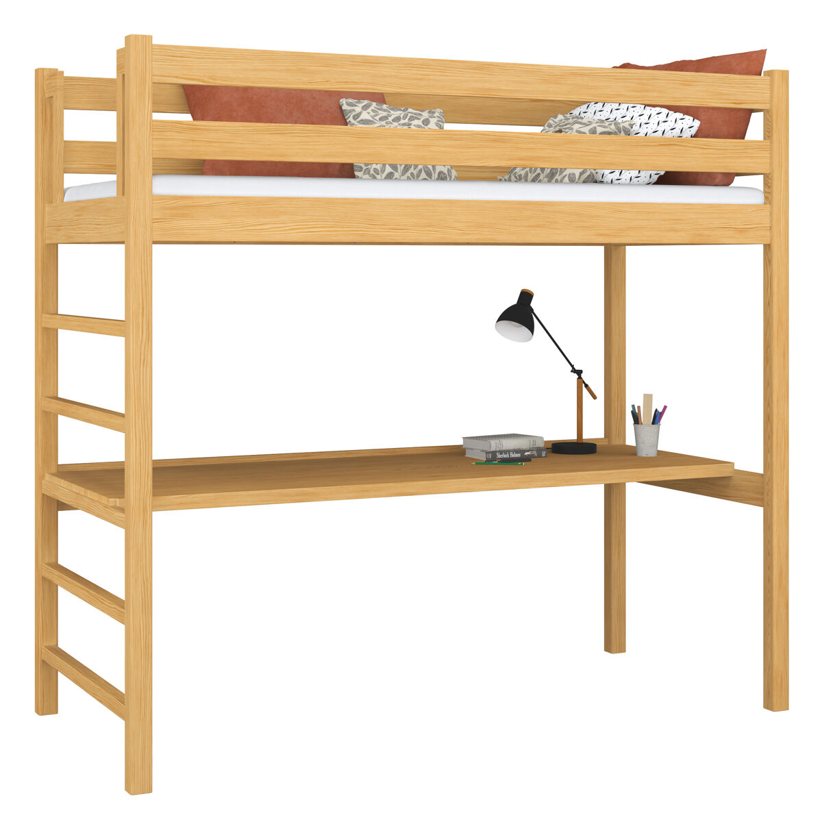 cama alta de madera con escritorio n01 pino natural