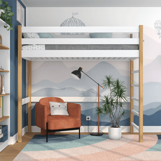 Cama alta de madeira N01 branco e carvalho Cama alta de madeira N01 branco e carvalho