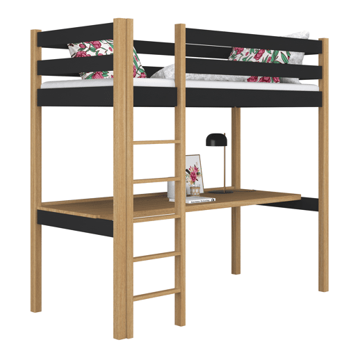 Cama alta de madeira com secretária N05 preto e carvalho Cama alta de madeira com secretária N05 preto e carvalho