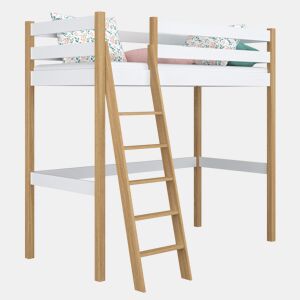 Cama alta de madeira N03 branco e carvalho