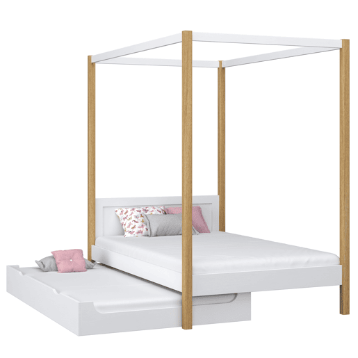 Cama individual de madeira com dossel e gaveta para colchão extra N02 branco e carvalho