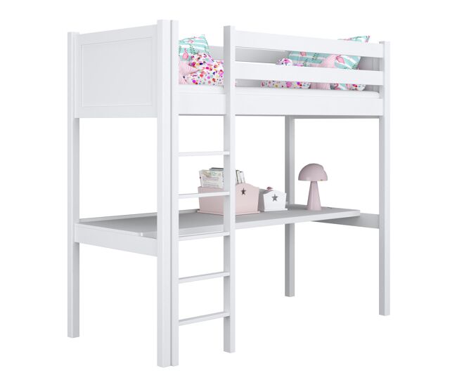 Cama alta de madera con escritorio n06 blanco