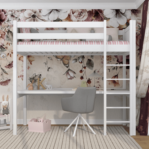 Cama alta de madeira com secretária N06 branco