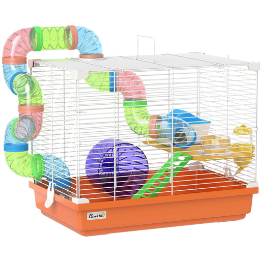PawHut Gaiola para Hamster Casa para Hamster com Túnel Prato, Bebedouro Casinha Rampa Roda de Exercício Plataforma e Pega Bandeja Removível para Ratos e Gerbos 46x30x37 cm Laranja