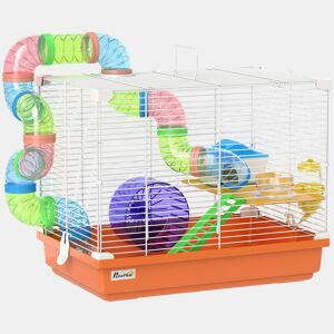 PawHut Gaiola para Hamster Casa para Hamster com Túnel Prato, Bebedouro Casinha Rampa Roda de Exercício Plataforma e Pega Bandeja Removível para Ratos e Gerbos 46x30x37 cm Laranja