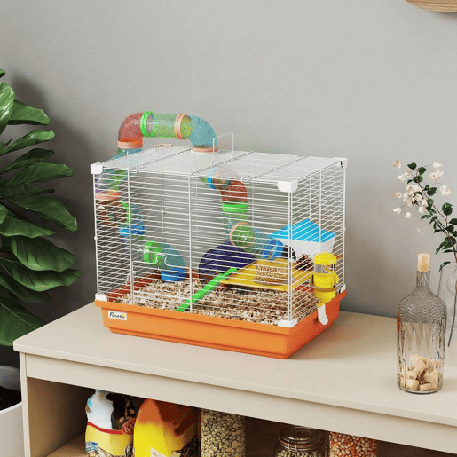 PawHut Gaiola para Hamster Casa para Hamster com Túnel Prato, Bebedouro Casinha Rampa Roda de Exercício Plataforma e Pega Bandeja Removível para Ratos e Gerbos 46x30x37 cm Laranja
