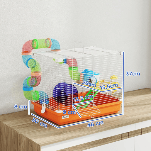 PawHut Gaiola para Hamster Casa para Hamster com Túnel Prato, Bebedouro Casinha Rampa Roda de Exercício Plataforma e Pega Bandeja Removível para Ratos e Gerbos 46x30x37 cm Laranja