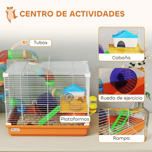 PawHut Gaiola para Hamster Casa para Hamster com Túnel Prato, Bebedouro Casinha Rampa Roda de Exercício Plataforma e Pega Bandeja Removível para Ratos e Gerbos 46x30x37 cm Laranja